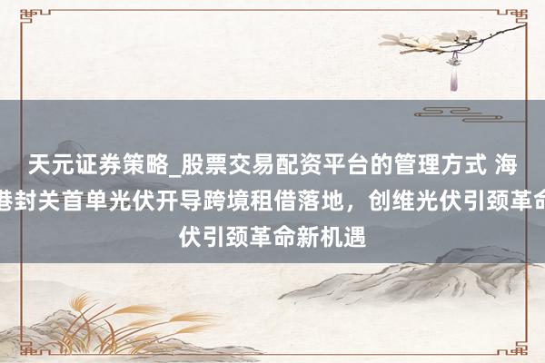 天元证券策略_股票交易配资平台的管理方式 海南自贸港封关首单光伏开导跨境租借落地，创维光伏引颈革命新机遇