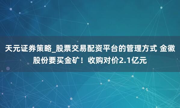 天元证券策略_股票交易配资平台的管理方式 金徽股份要买金矿！收购对价2.1亿元